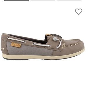 Sperry Slip-On Boat Shoes Coil Ivy Grey Canvas & Leather Brown Silver Preppy sz6